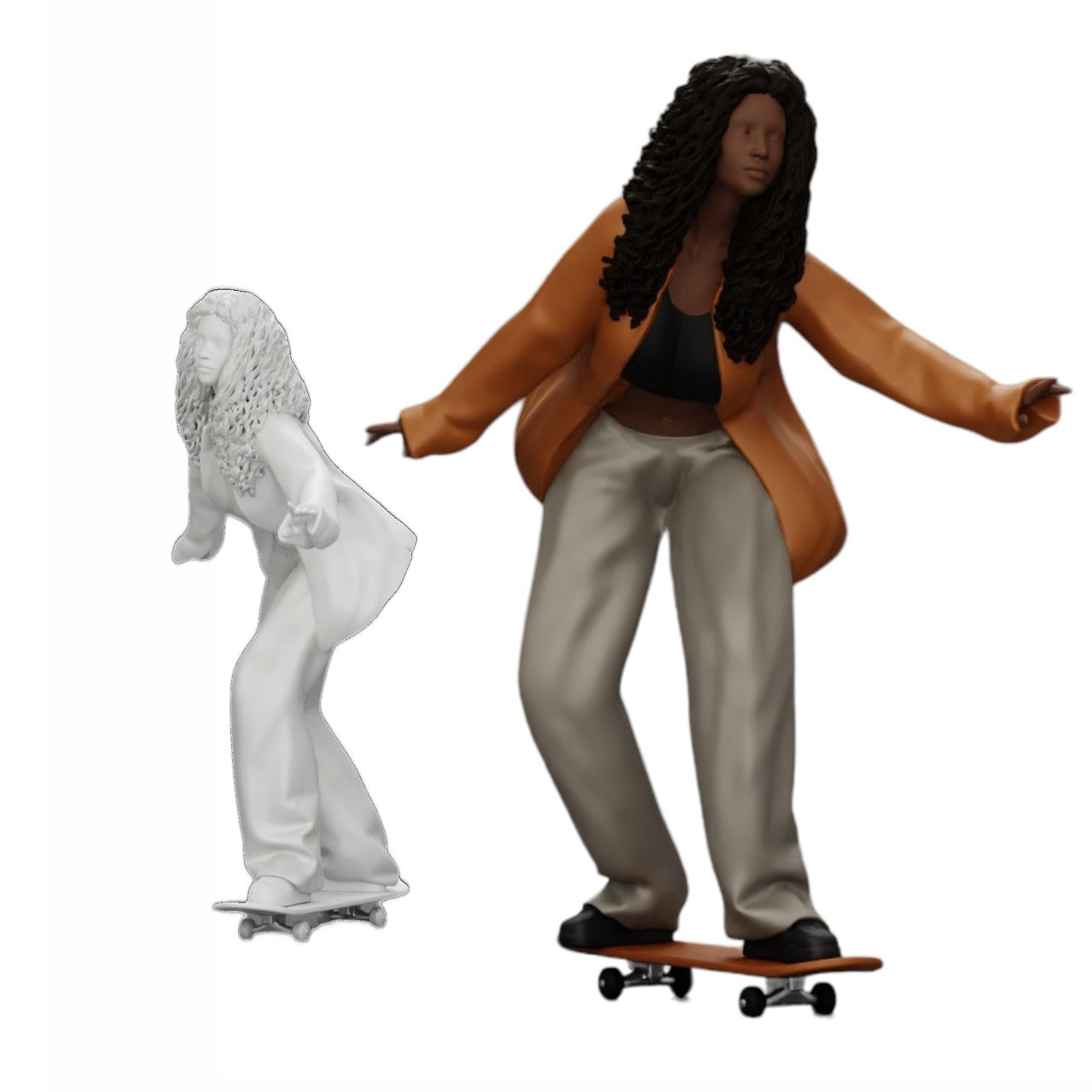 Diorama modelářství produktová fotografie 0: Dívka s kudrnatými vlasy jezdí na skateboardu (Ref č. A16)