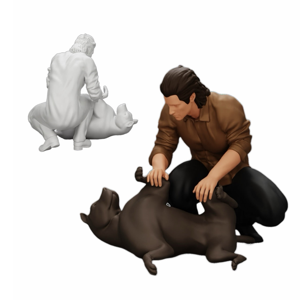 Diorama model building product photo 0: Kneeling man petting his lying dog (Ref No. A20)