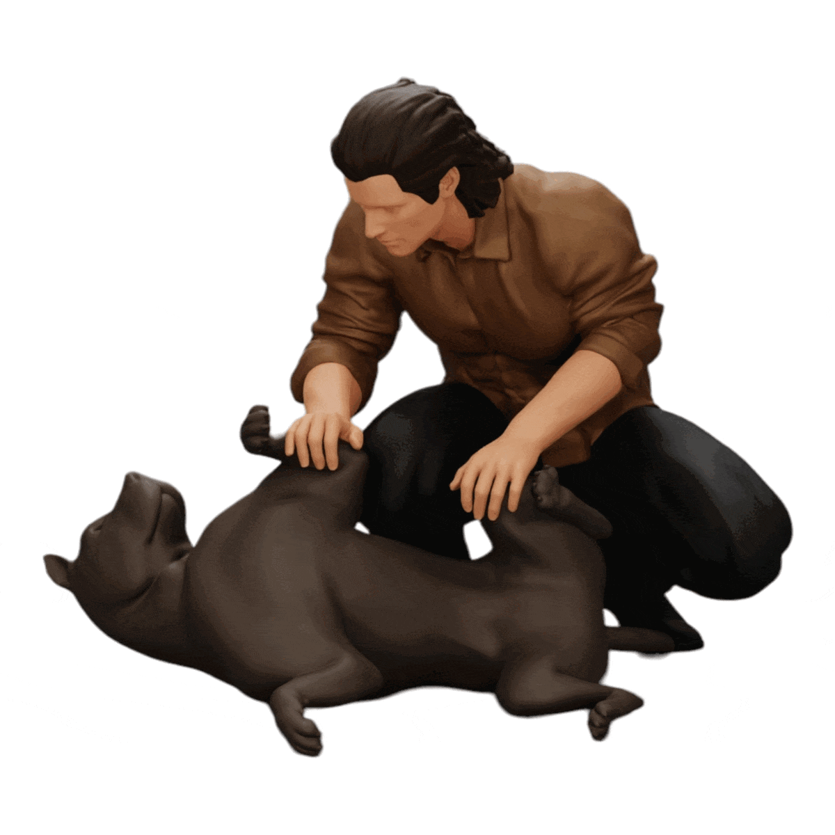 Diorama model building product photo 0: Kneeling man petting his lying dog (Ref No. A20)