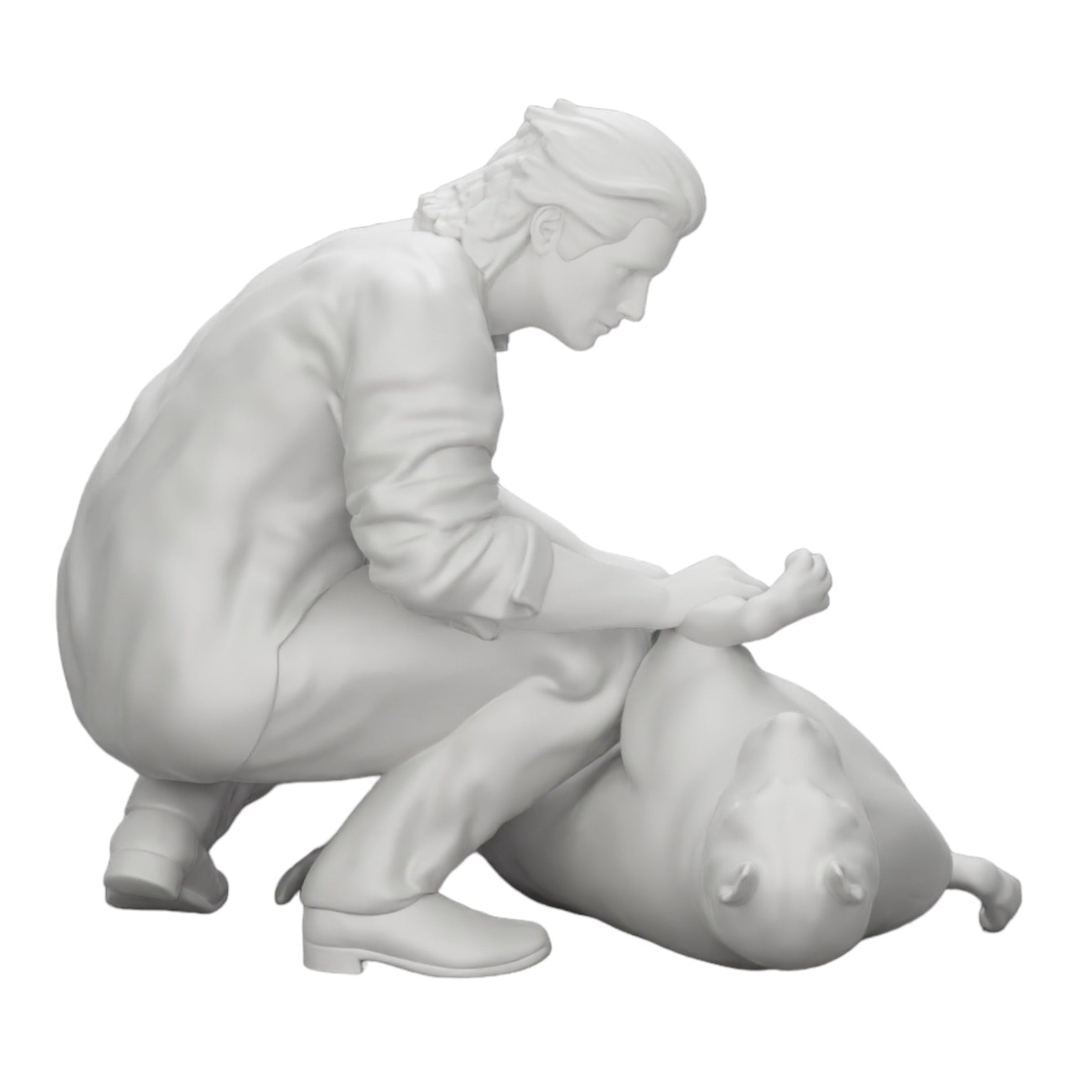 Diorama model building product photo 0: Kneeling man petting his lying dog (Ref No. A20)
