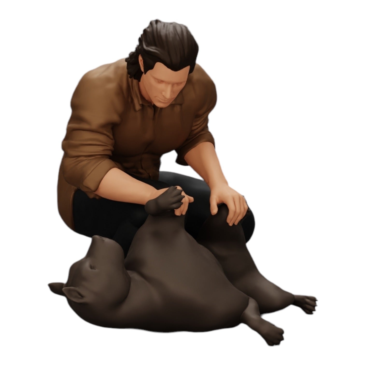 Diorama model building product photo 0: Kneeling man petting his lying dog (Ref No. A20)