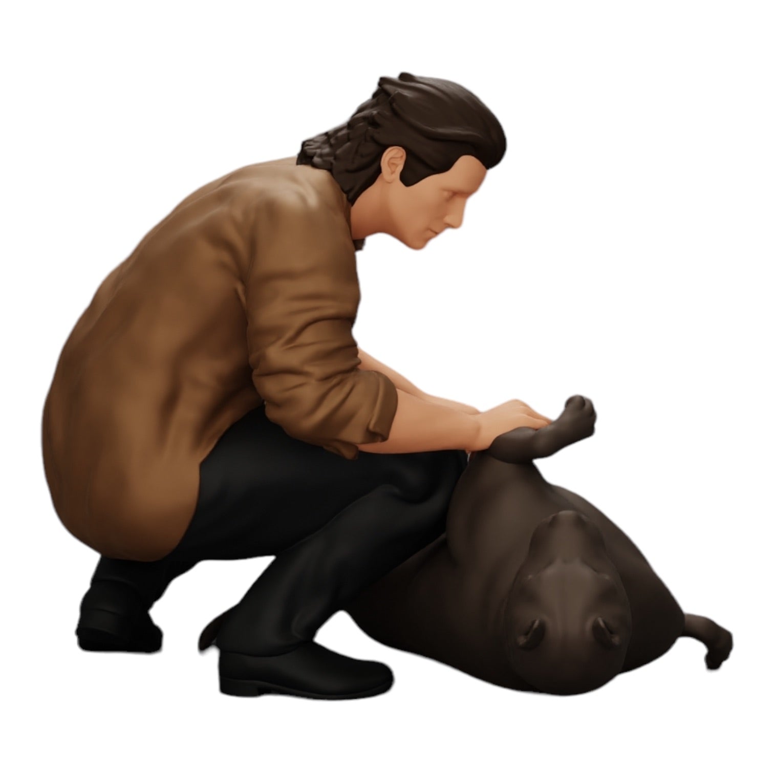 Diorama model building product photo 0: Kneeling man petting his lying dog (Ref No. A20)