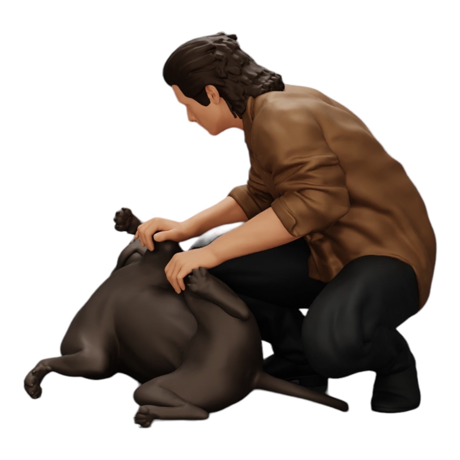 Diorama model building product photo 0: Kneeling man petting his lying dog (Ref No. A20)