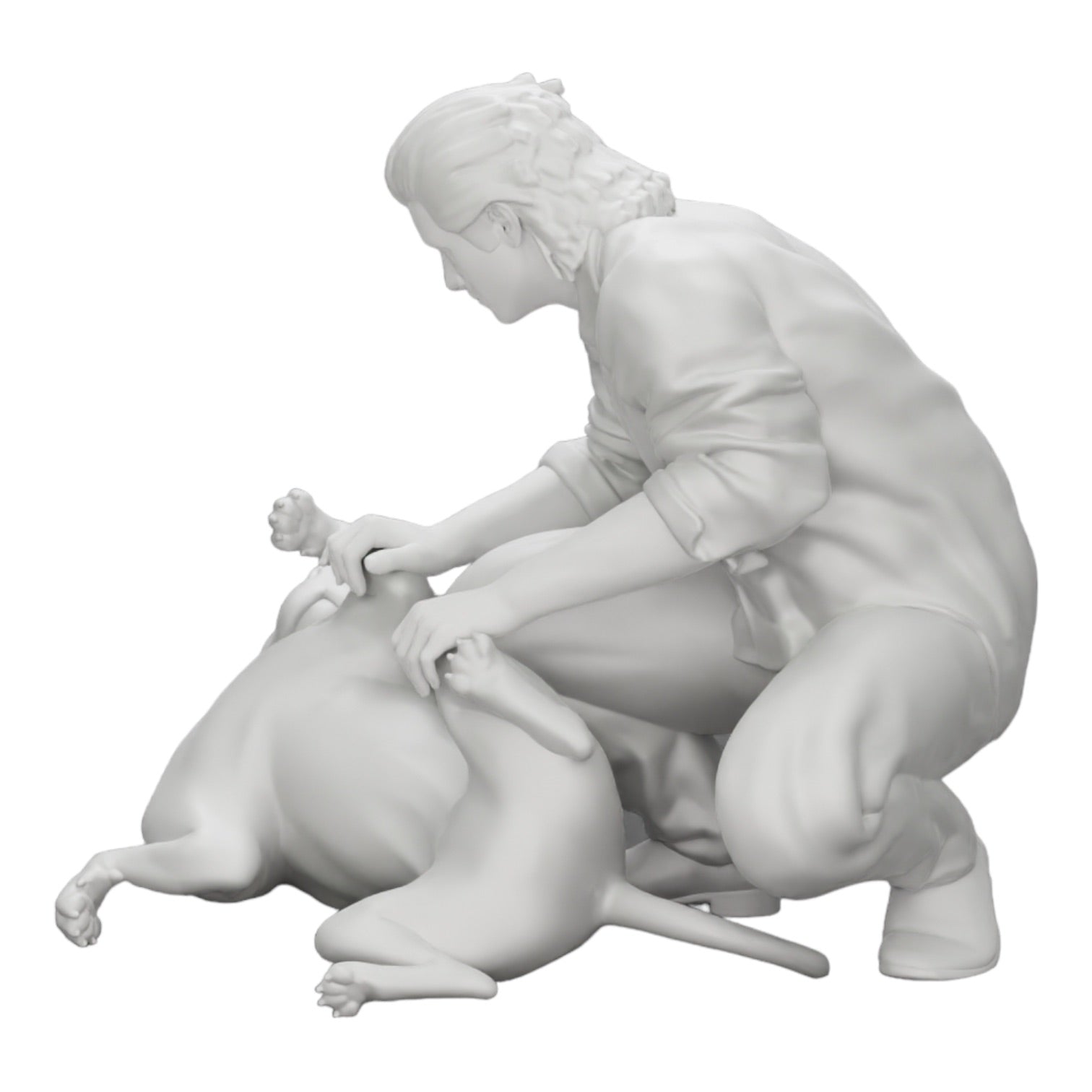 Diorama model building product photo 0: Kneeling man petting his lying dog (Ref No. A20)