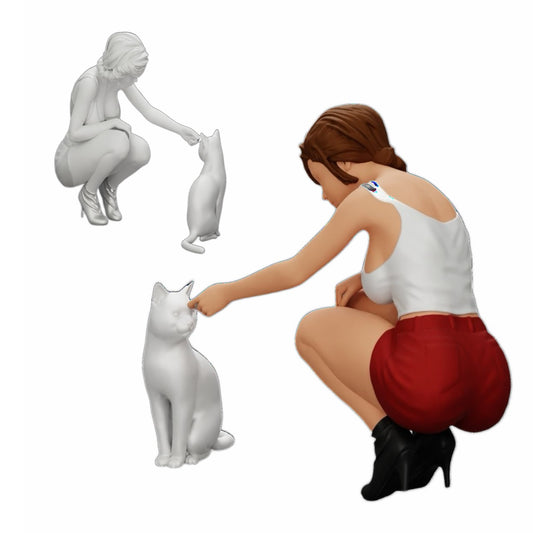 Foto de produto de diorama: Menina bonita ajoelhada ao lado do seu gato (Ref Nr. A21)