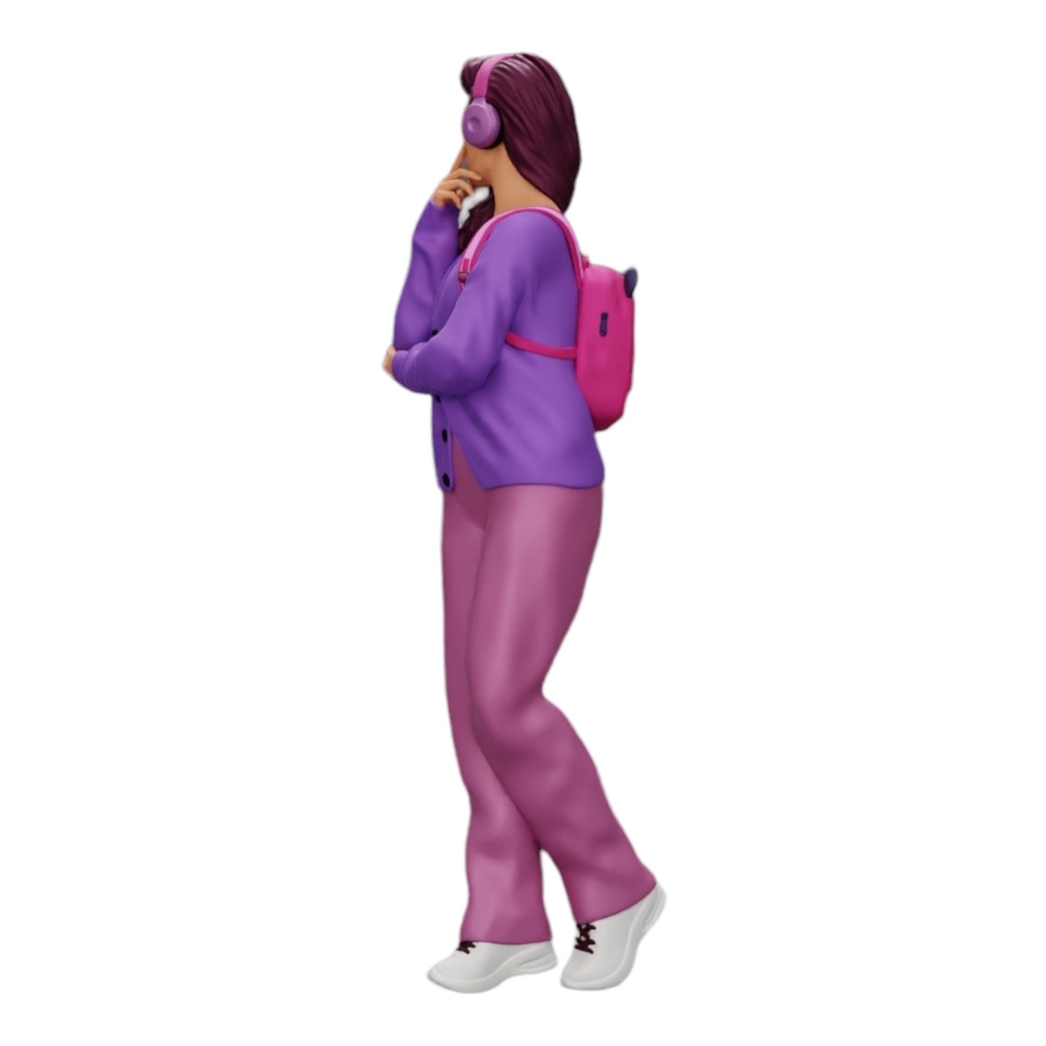 Diorama Modellbau Produktfoto 0: Nachdenkliche junge Frau mit Kopfhörern und Rucksack hört Musik (Ref Nr. A25)