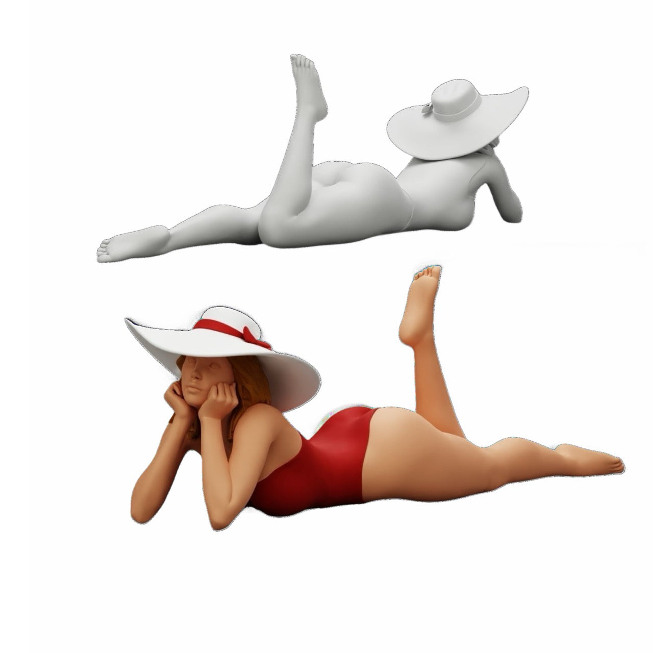 Diorama modelářství produktová fotografie 0: Žena v plavkách a slunečním klobouku na dovolené leží na pláži (Ref č. A32)