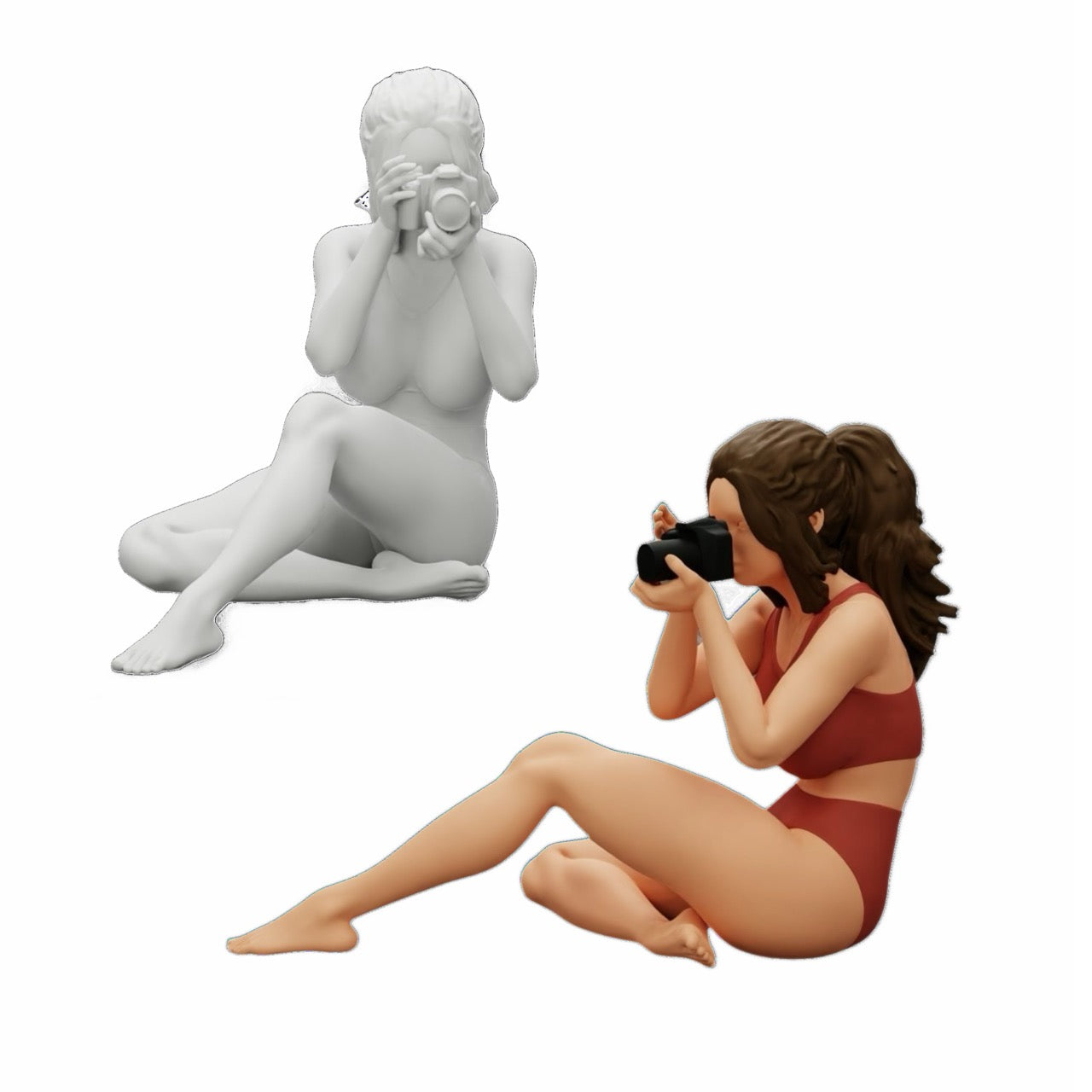 Diorama modelářství produktová fotografie 0: Fotografka v bikinách sedí a drží kameru (Ref č. A35)