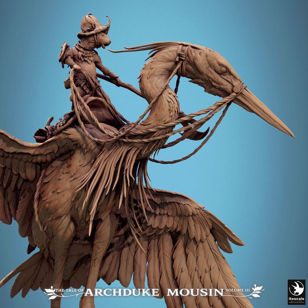 Produktfoto Tabletop 28mm Lord of the Print (LotP) 4: Fantasy figurka: zvířecí člověk myší rytíř na volavce, jezdec skaut, lehká kavalerie, jezdec hrdina Heron Walk (25_07_D3)