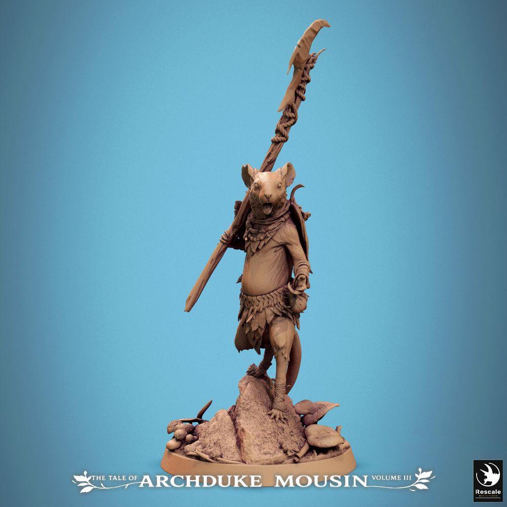 Product photo Tabletop 28mm Lord of the Print (LotP) 0: Fantasy figure: Ratman leader with halberd/glaive - Rat warrior, tribal chief, spear fighter, beastfolk champion for wargame, skirmish, dungeon crawler (25_07_H9)