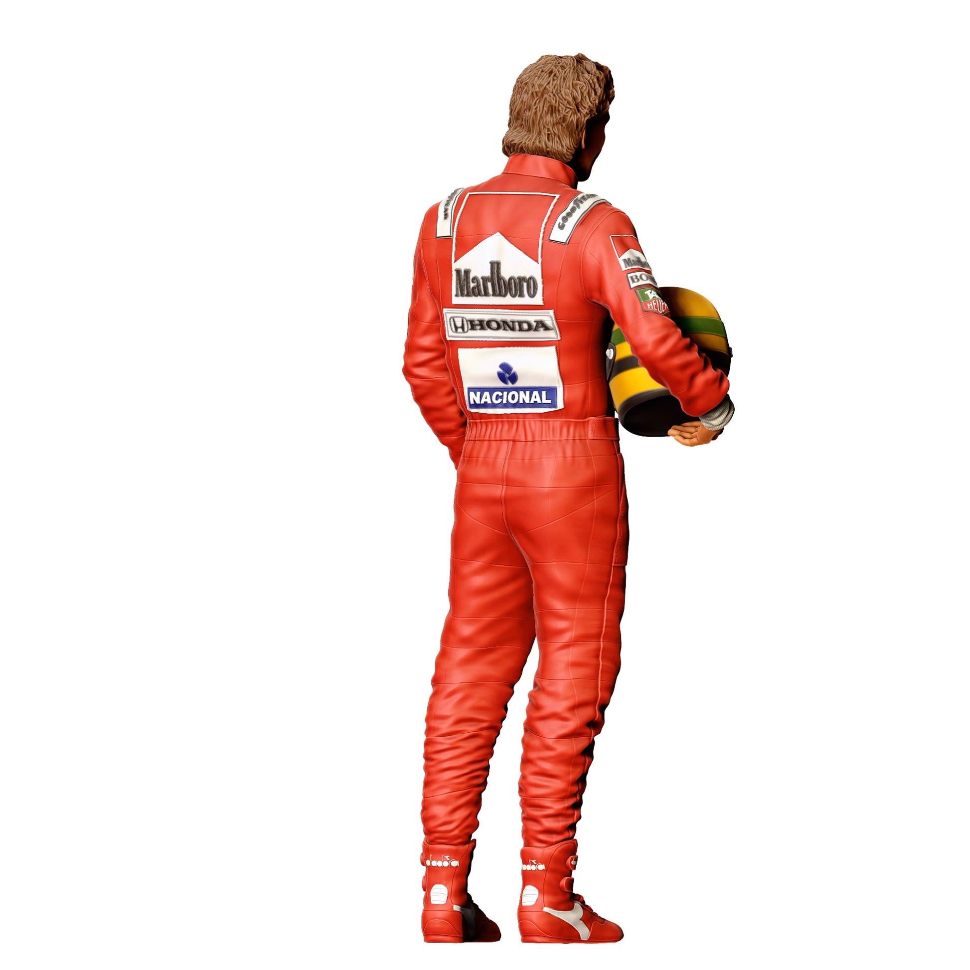 Diorama Modellbau Produktfoto 0: Rennfahrer mit Helm – Figur im Rennanzug mit Sponsorenlogos (Ref. Nr. 412)