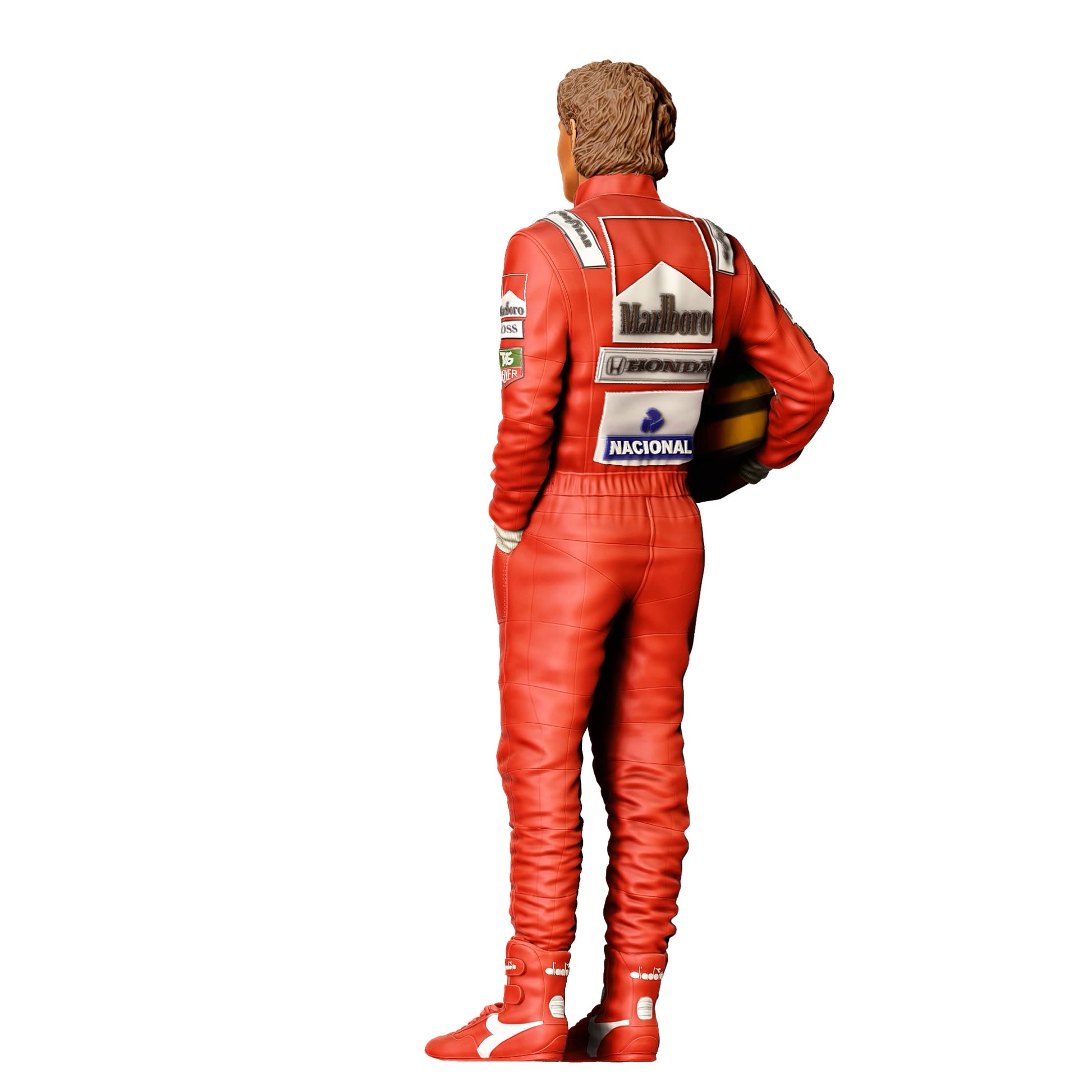 Diorama Modellbau Produktfoto 0: Rennfahrer mit Helm – Figur im Rennanzug mit Sponsorenlogos (Ref. Nr. 412)