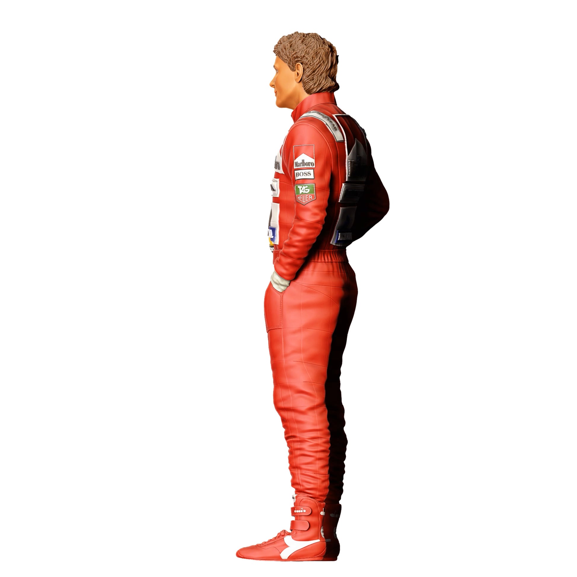 Diorama Modellbau Produktfoto 0: Rennfahrer mit Helm – Figur im Rennanzug mit Sponsorenlogos (Ref. Nr. 412)