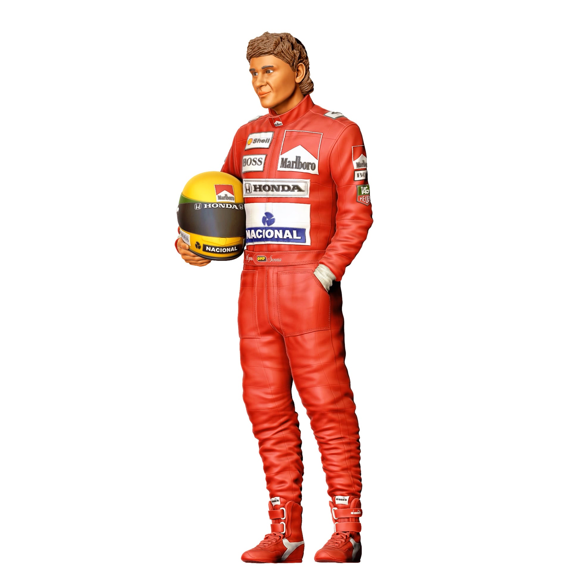 Diorama Modellbau Produktfoto 0: Rennfahrer mit Helm – Figur im Rennanzug mit Sponsorenlogos (Ref. Nr. 412)