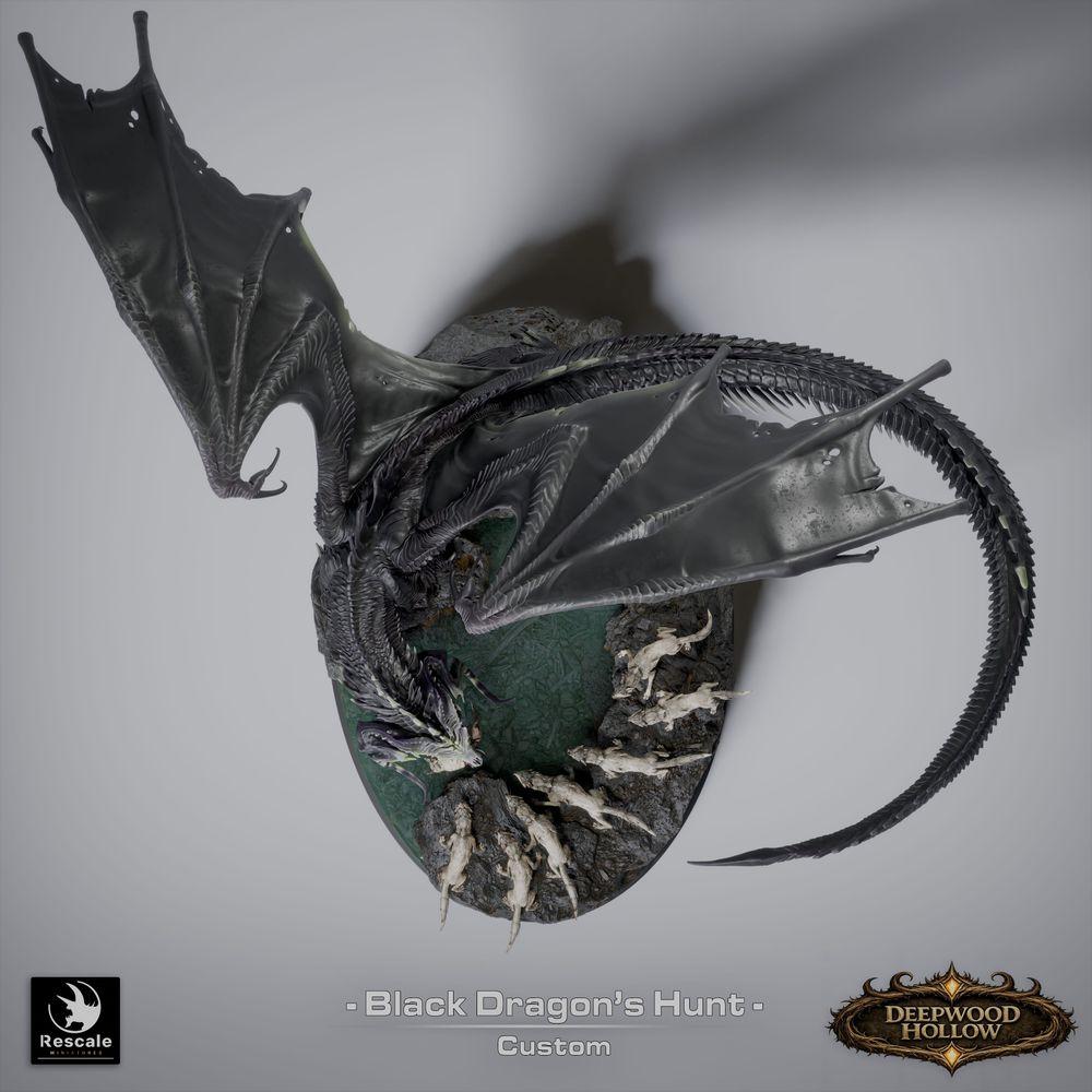 Produktfoto Tabletop 28mm Lord of the Print (LotP) 9: Tabletop Fantasy Miniaturenset: Black Dragon Hunt - Schwarzer Drache mit Jagdhunden auf szenischer Felsenbase (26_03_A1)