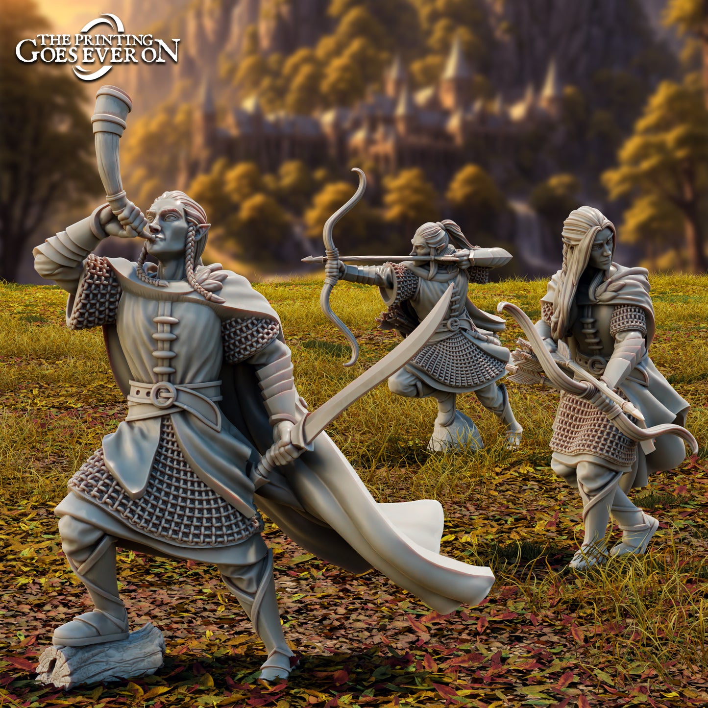 Foto do produto Tabletop 28mm The Printing Goes Ever On (TPGEO) 0: Elfos Patrulheiros - 3 Guerreiros de Brightwood - Exploradores com espada e arco