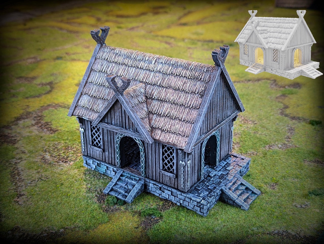 Produktová fotografie Tabletop 28mm terénních prvků, domů, dekorací a dílů od Creation Conquest (CC) 0: Dům válečníka - Království Sasko - Středověká vesnice jezdců