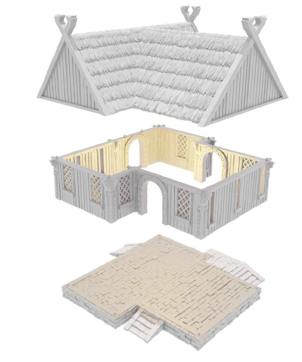 Produktová fotografie Tabletop 28mm terénní prvky, domy, dekorace a díly od Creation Conquest (CC) 0: Dům obchodníka - Království Sasko - Středověká vesnice jezdců