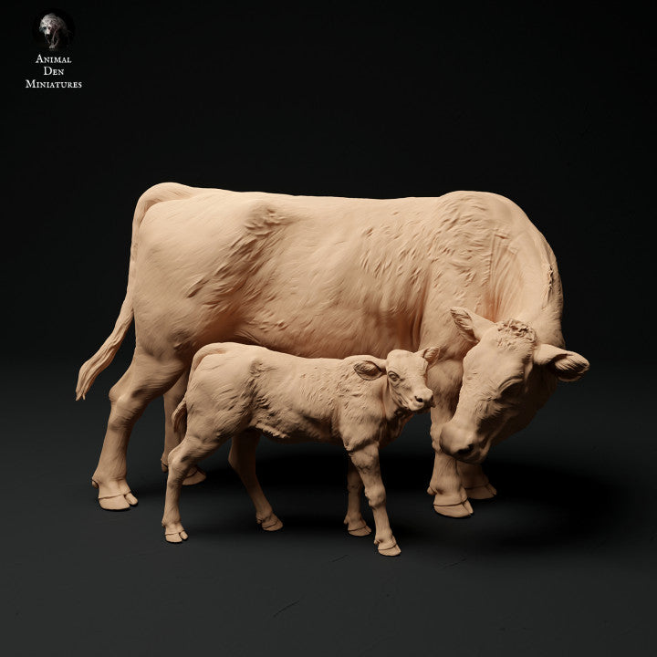 Produktová fotografie zvířecí figurky dioráma, modelářství: 0: Farmářská zvířecí figurka: Kráva a tele 2 - Red Devon Cow