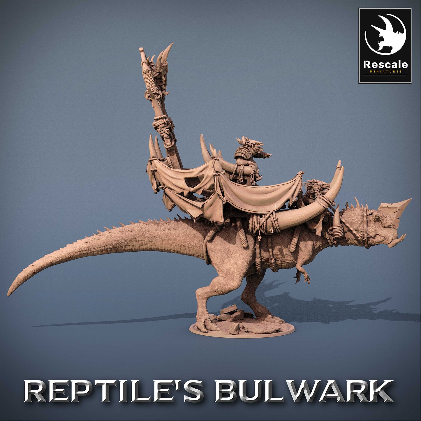 Imagem do produto 2 de 6: Miniatura de Tabletop: Rei Torvodon - Cavaleiro Lagarto em Dinossauro de Guerra com Howdah e Estandarte Totêmico, Líder Tribal / Senhor dos Répteis, Montaria Monstruosa (23_06_A1)