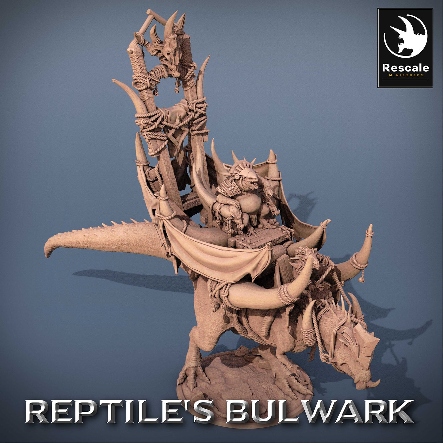 Imagem do produto 3 de 6: Miniatura de Tabletop: Rei Torvodon - Cavaleiro Lagarto em Dinossauro de Guerra com Howdah e Estandarte Totêmico, Líder Tribal / Senhor dos Répteis, Montaria Monstruosa (23_06_A1)