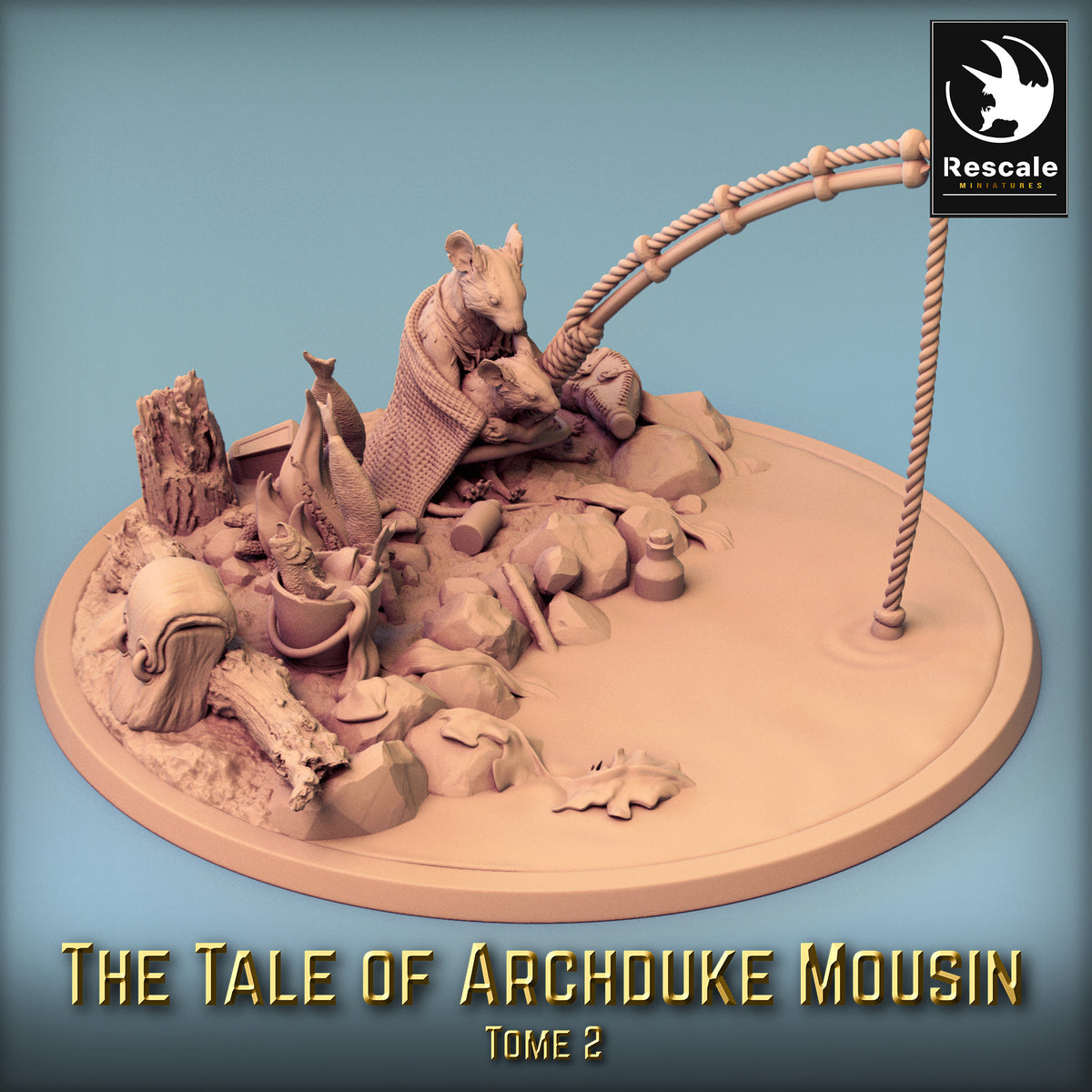 Produktbild 3 von 6: Fantasy Miniatur: Rattenvolk Seefahrer - Mauskrieger/Pirat zieht am Tau, Küsten-Diorama, große Base (23_11_G10)