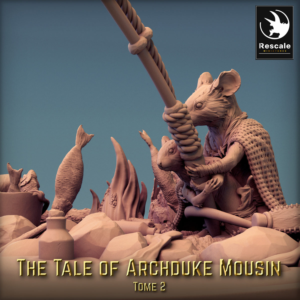 Produktbild 4 von 6: Fantasy Miniatur: Rattenvolk Seefahrer - Mauskrieger/Pirat zieht am Tau, Küsten-Diorama, große Base (23_11_G10)