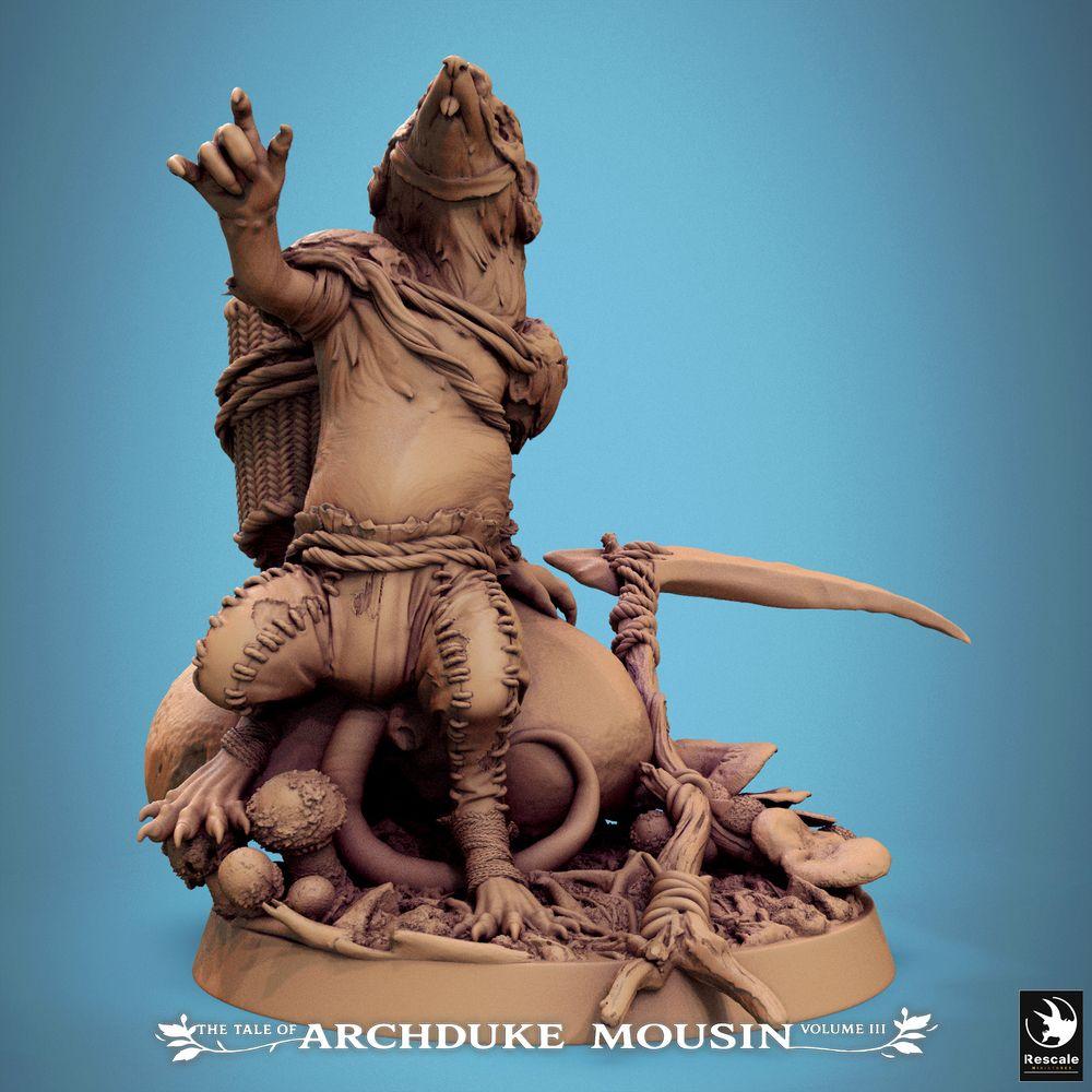 Foto do produto Tabletop 28mm Lord of the Print (LotP) 0: Miniatura de Tabletop: Rattenmensch Ratfolk Xamã/Druida, Líder Tribal, Saqueador/Coletor - agachado com foice, mochila de cesta e base de cogumelo (25_07_Q1)