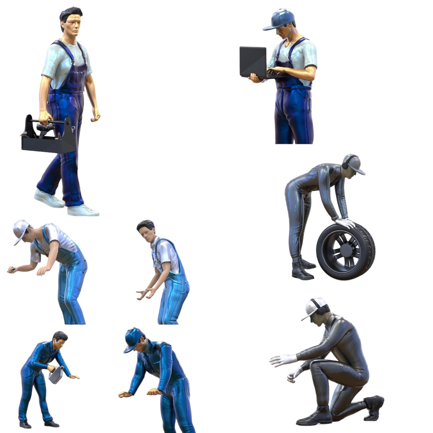 Produktová fotografie dioráma a modelářské miniatury: Sada mechaniků 2, 8 figur.