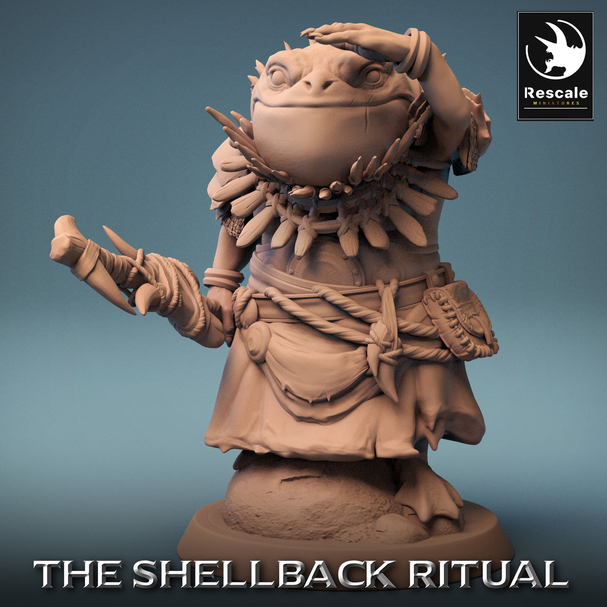 Produktový obrázek 1 z 6: Tabletop miniatura: Amfibický žabí lid/kráčející muž válečník a skaut s kostním dýkou - kmenový šaman, bažinný ritualista (23_10_G2)