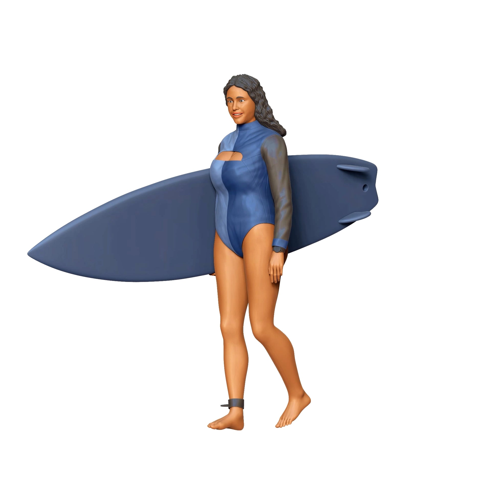 Product photo diorama and model building miniature figure: Wave Rider: Surfer with surfboard on the beach