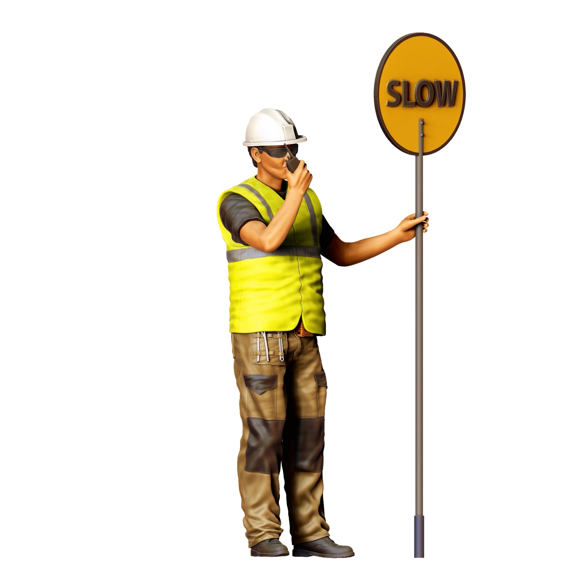 Modello diorama foto prodotto 0: Lavoratore stradale con cartello "Slow" e radio - Figura di traffico in abbigliamento di sicurezza (Rif. n. 396)