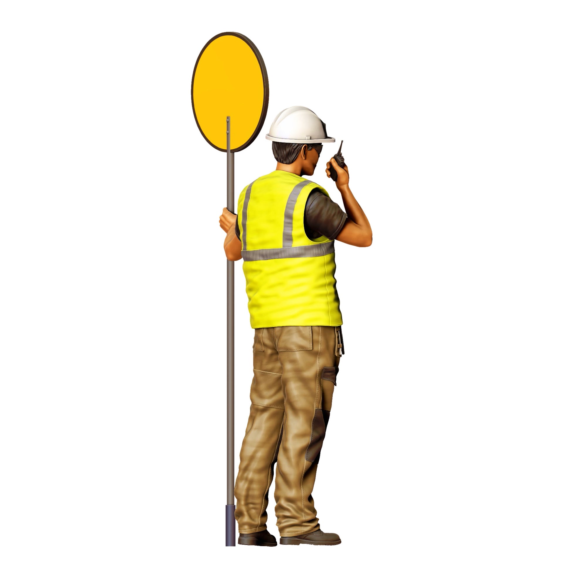 Modello diorama foto prodotto 0: Lavoratore stradale con cartello "Slow" e radio - Figura di traffico in abbigliamento di sicurezza (Rif. n. 396)