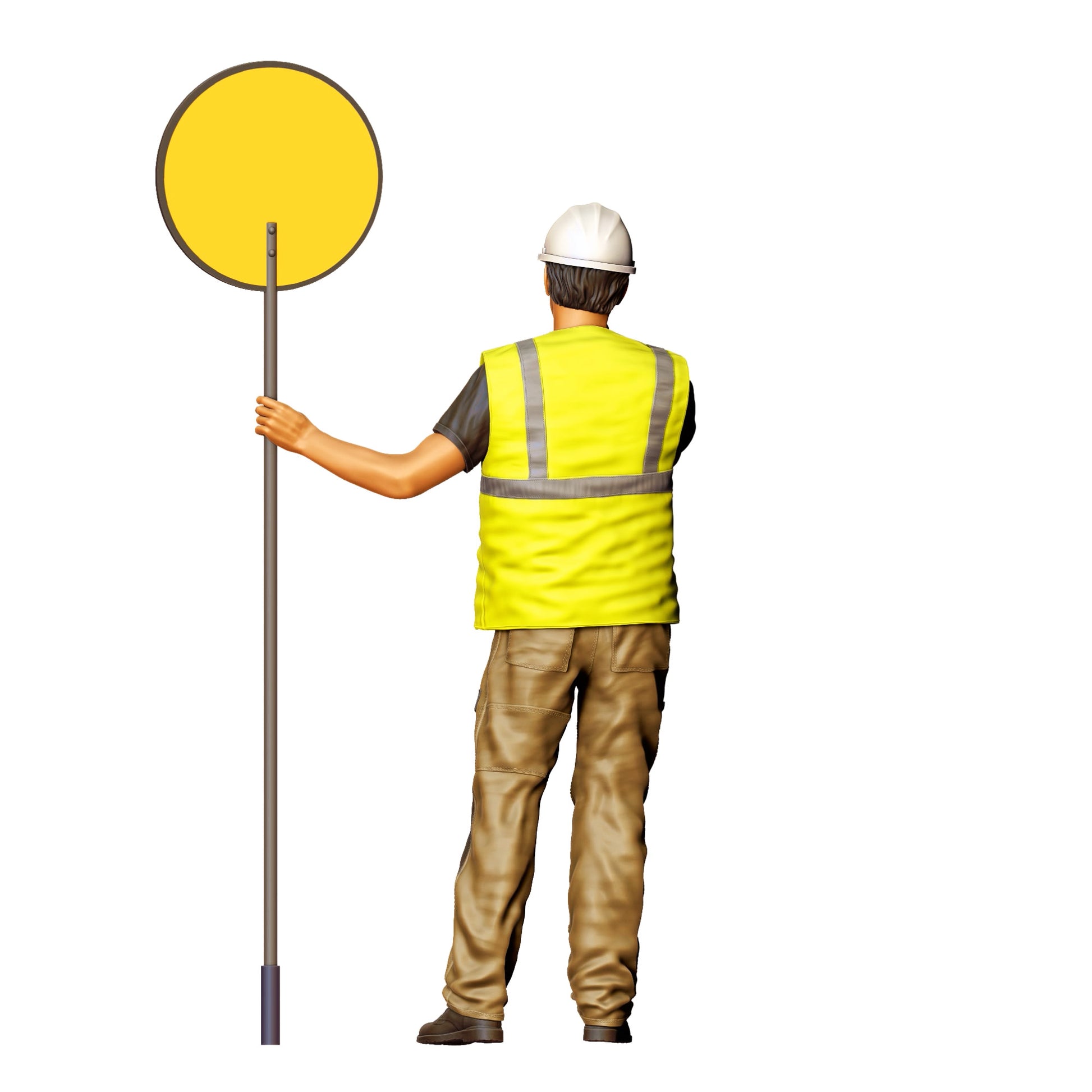 Modello diorama foto prodotto 0: Lavoratore stradale con cartello "Slow" e radio - Figura di traffico in abbigliamento di sicurezza (Rif. n. 396)