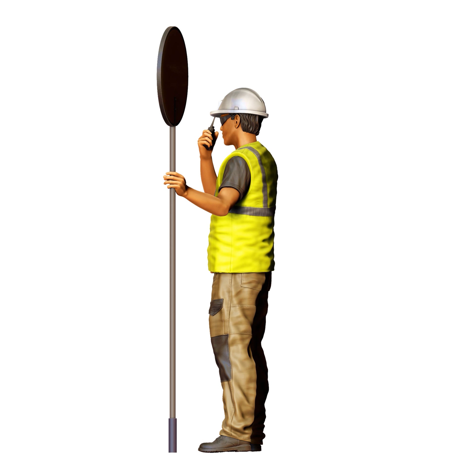 Modello diorama foto prodotto 0: Lavoratore stradale con cartello "Slow" e radio - Figura di traffico in abbigliamento di sicurezza (Rif. n. 396)