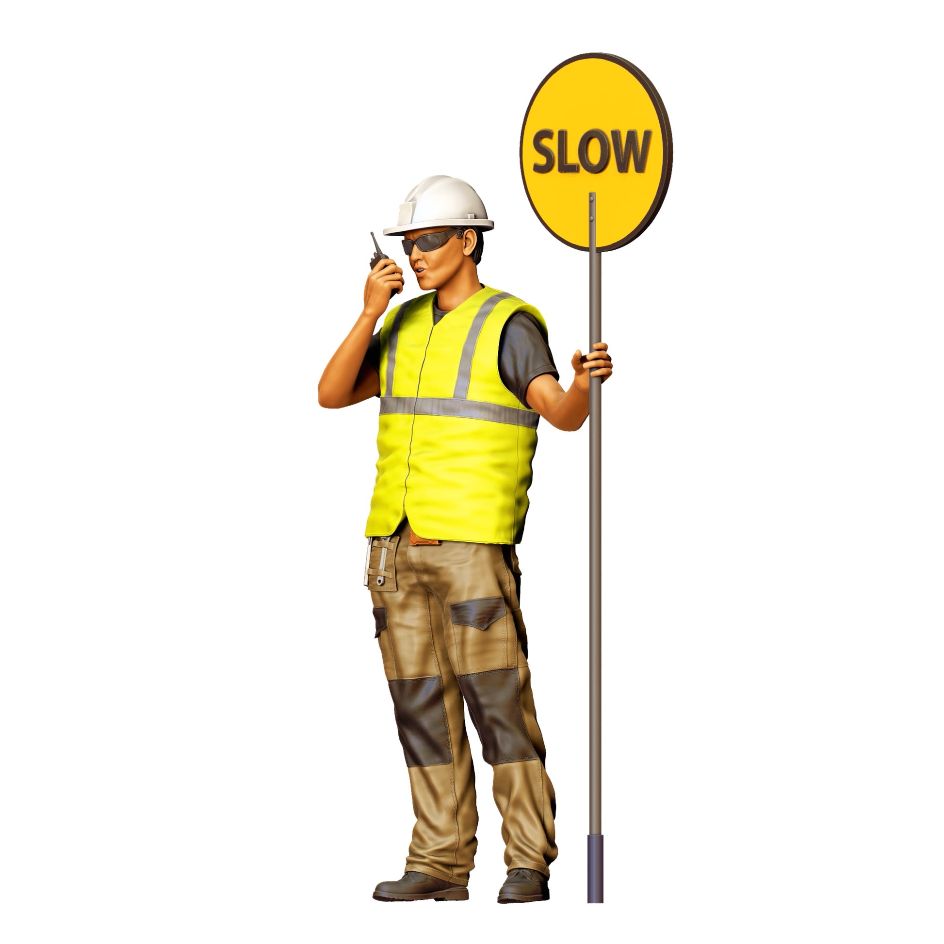 Modello diorama foto prodotto 0: Lavoratore stradale con cartello "Slow" e radio - Figura di traffico in abbigliamento di sicurezza (Rif. n. 396)