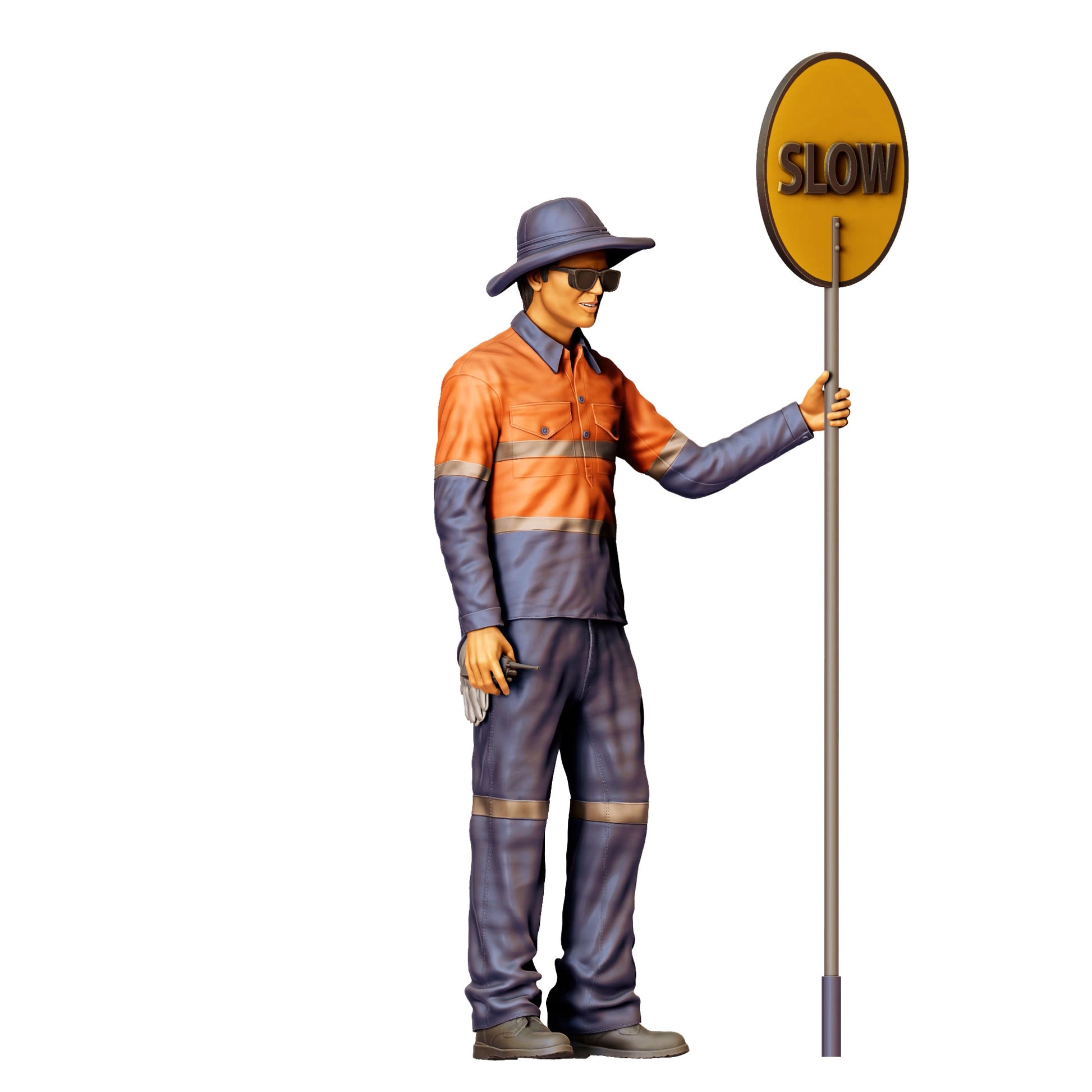 Diorama Modellbau Produktfoto 0: Straßenarbeiter mit „Slow“ Schild - Verkehrsfigur in Warnkleidung (Ref. Nr. 395)