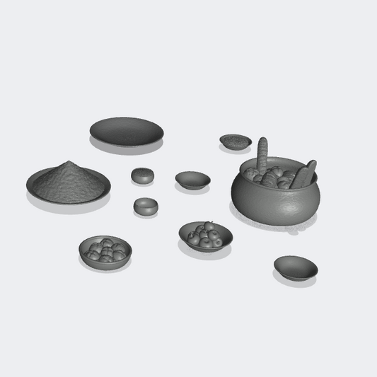 Product photo miniature furniture, diorama and model building 0: At the table: 10 plates and bowls with bread, grain, and fruit