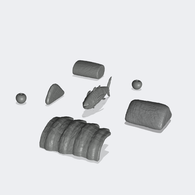 Produktfoto Miniatur Möbel, Einrichtung Diorama und Modellbau  0: In der Küche: Essen - 2 Äpfel, 3 Fleischstücke, Thunfisch