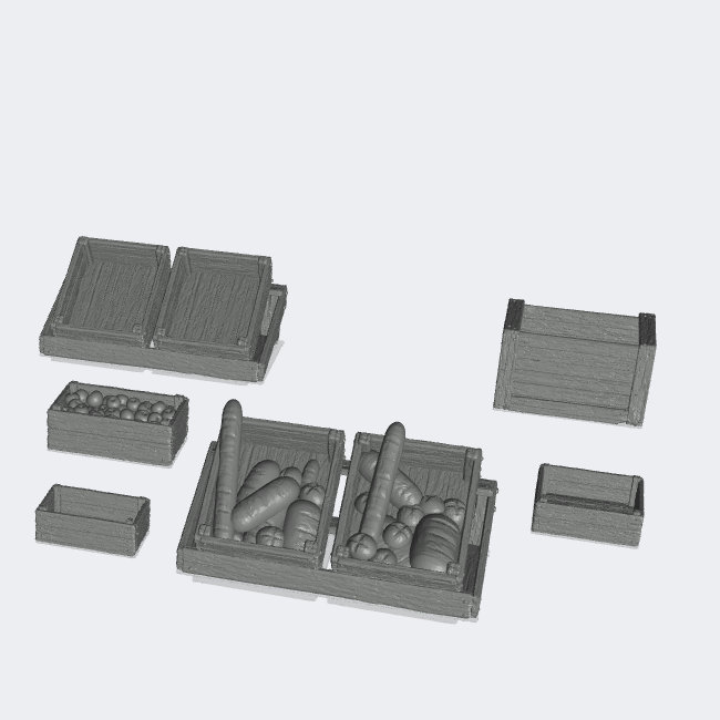 Produktfoto Miniatur Möbel, Einrichtung Diorama und Modellbau  0: Markt und Bazar: 6 Kisten, Obstkisten - leer, mit Brot und mit Früchten