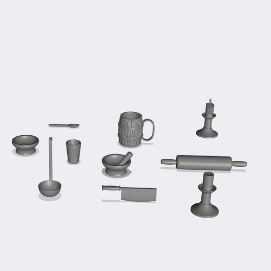 Produktfoto Miniatur Möbel, Einrichtung Diorama und Modellbau  0: In der Küche: 10 Küchenutensilien - Krug, Kerzen, Messer, Becher, Löffel, Schüssel, Mörser und Nudelholz