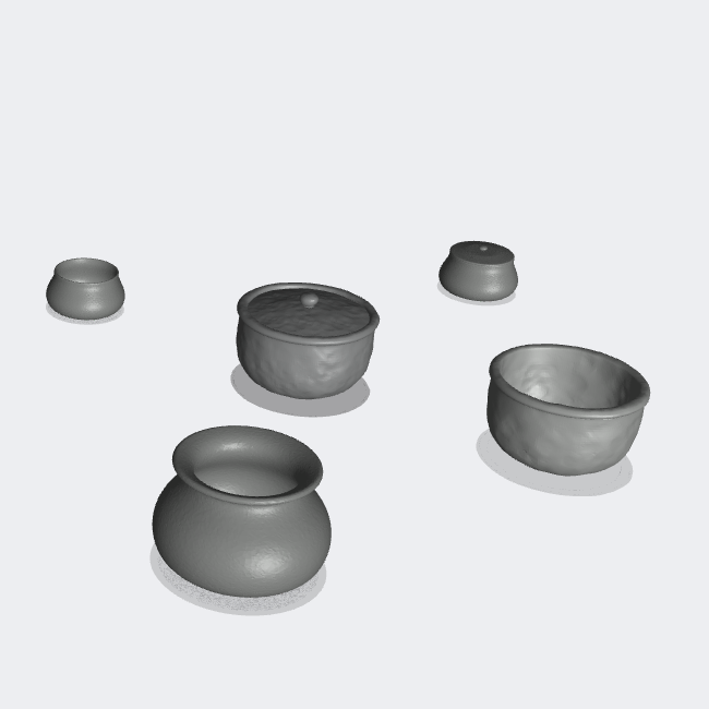 Produktfoto Miniatur Möbel, Einrichtung Diorama und Modellbau  0: Zu Tisch: 5 Töpfe mit und ohne Deckel