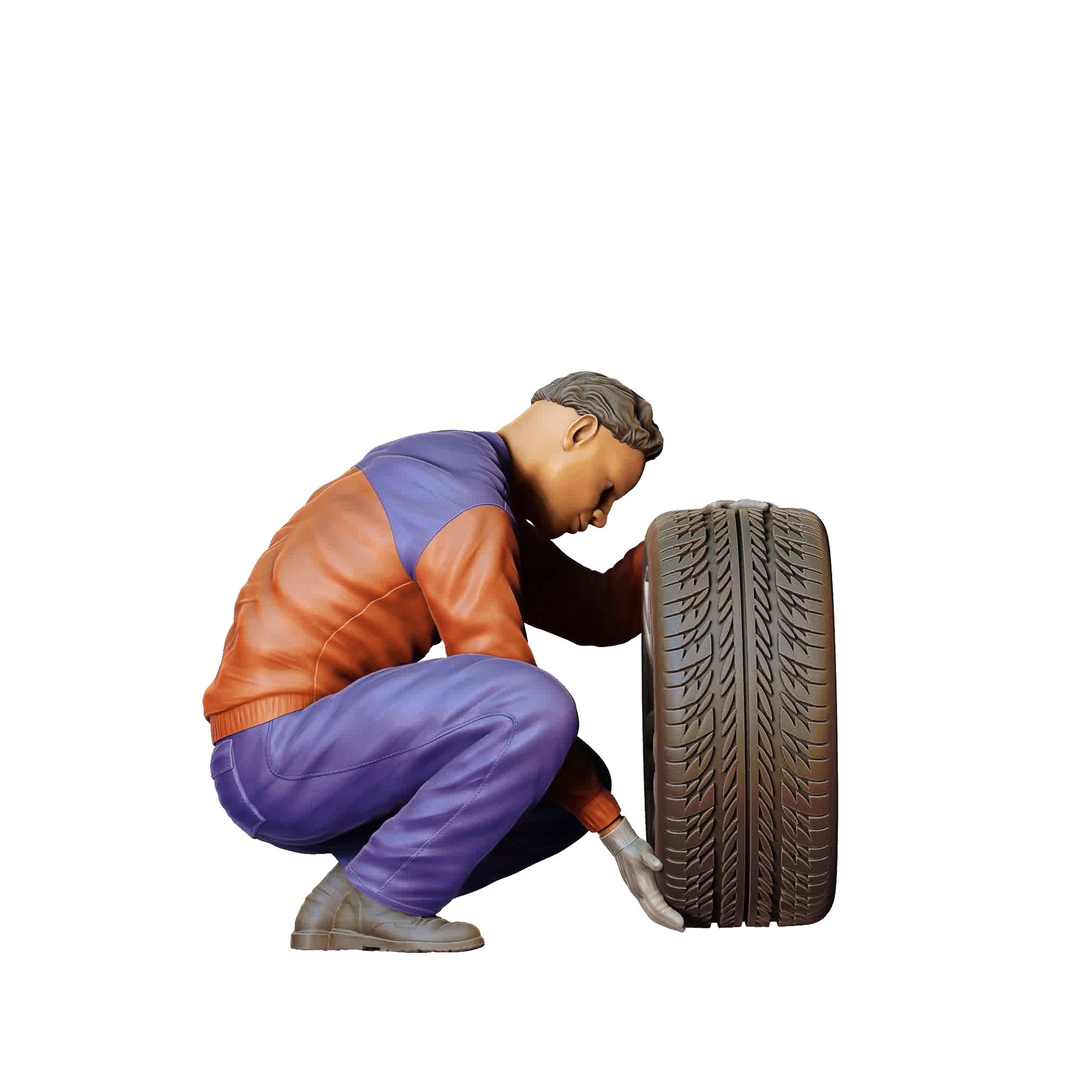 Produktfoto  0: Mechaniker kniend: Reifenwechsel in der Autowerkstatt