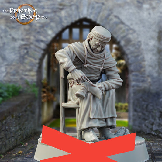 Produktový obrázek středověké historické figurky 75mm Scale The Printing Goes Ever On (TPGEO) 0: Středověké rytířské figurky vesničanů ševce se židlí - 75mm modely - Středověké město