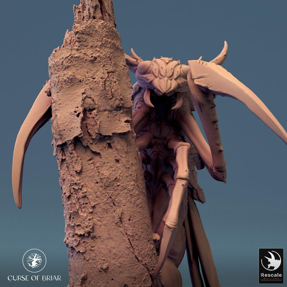 Produktfoto Tabletop 28mm Lord of the Print (LotP) 0: Tabletop Miniatur: Skycutter, insektoide Waldkreatur, Hinterhaltjäger am Baumstamm mit Sensenklauen, Mantis/Wespen-Unhold, Diorama-Base (24_07_E7)