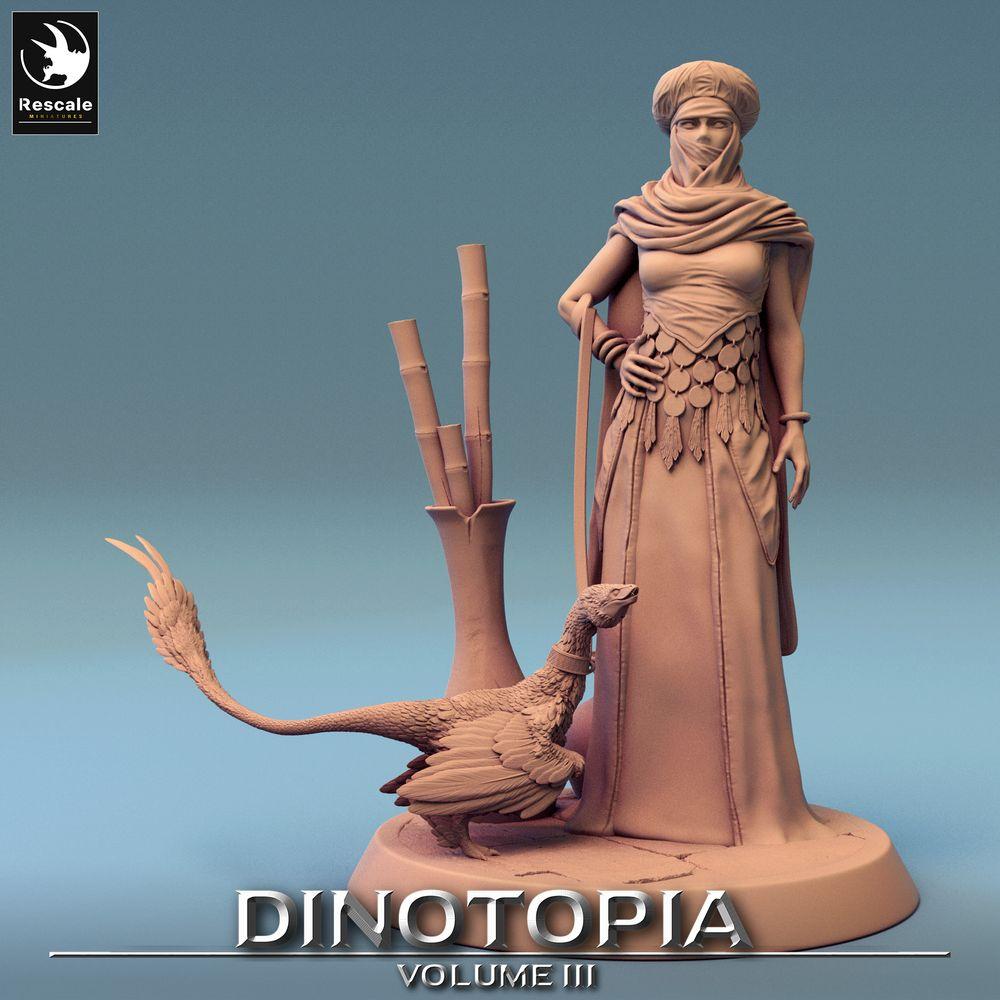 Foto do produto Tabletop 28mm Lord of the Print (LotP) 0: Figura de Fantasia: Nômade do Deserto e Mestre das Bestas com Dinossauro Alado - Ranger, Líder Tribal, Exploradora (24_06_E13)
