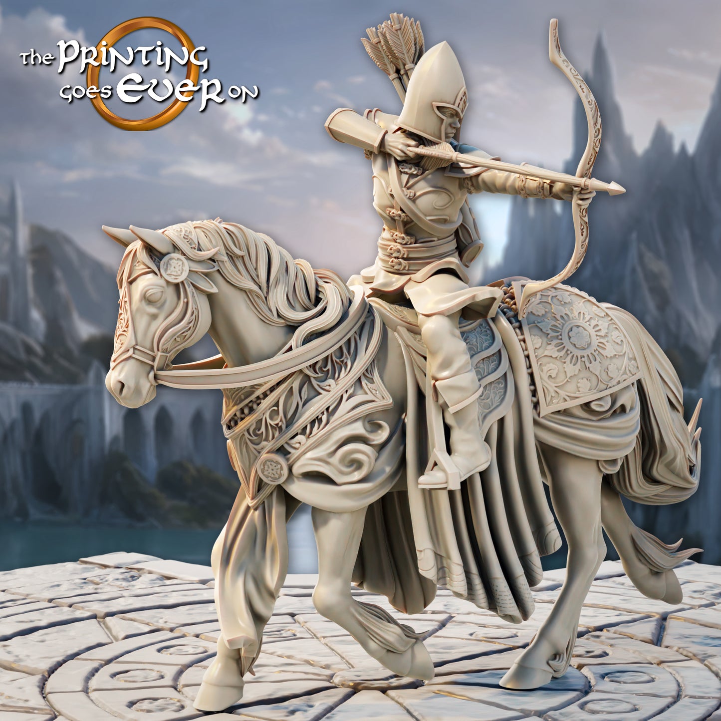 Produktová fotografie Tabletop 28mm Tisk pokračuje dál (TPGEO) 0: Elfí jezdec - 3 válečníci elfího národa na koních - Jezdecké hlídky a lučištníci