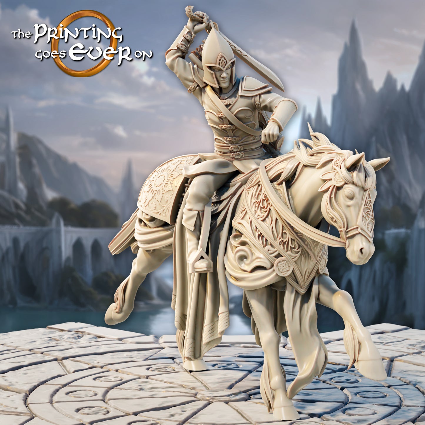 Produktová fotografie Tabletop 28mm Tisk pokračuje dál (TPGEO) 0: Elfí jezdec - 3 válečníci elfího národa na koních - Jezdecké hlídky a lučištníci