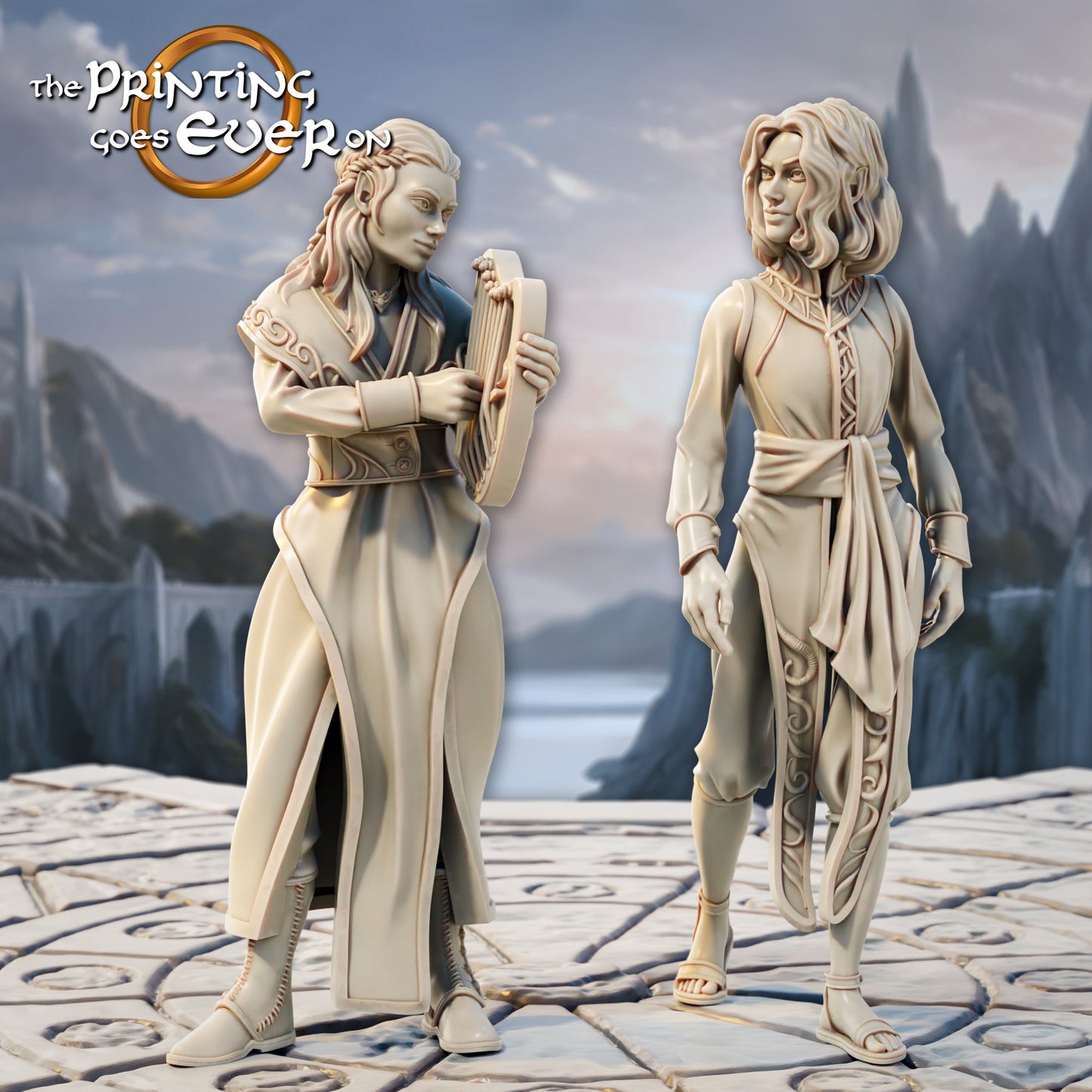 Foto do produto Tabletop 28mm The Printing Goes Ever On (TPGEO) 0: Elfos Habitantes - 2 Habitantes da Cidade do Povo Élfico - Músico e Trabalhador