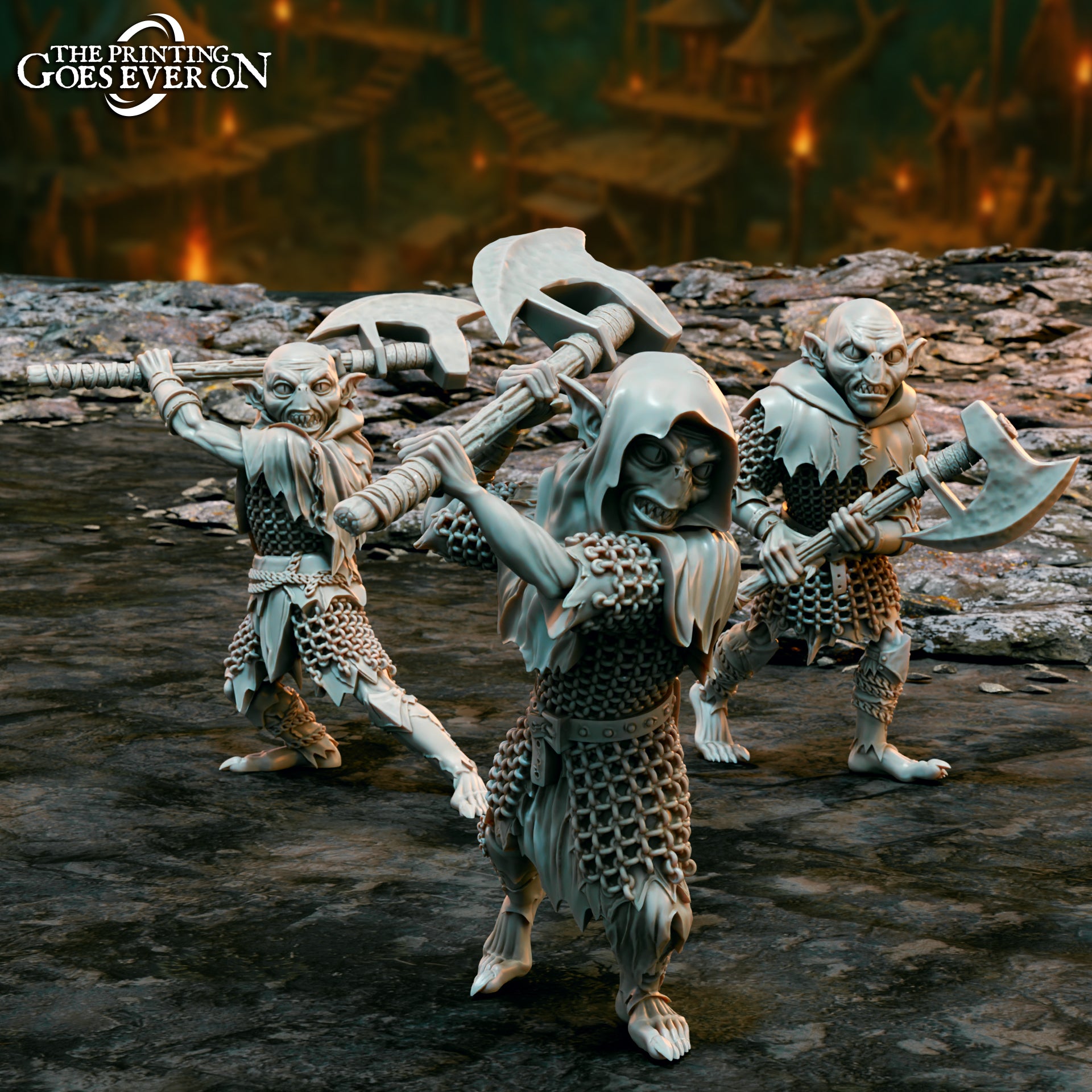 Foto do produto Tabletop 28mm The Printing Goes Ever On (TPGEO) 0: Goblin Stalker 3 criaturas guerreiras com machado - Habitantes hostis das cavernas